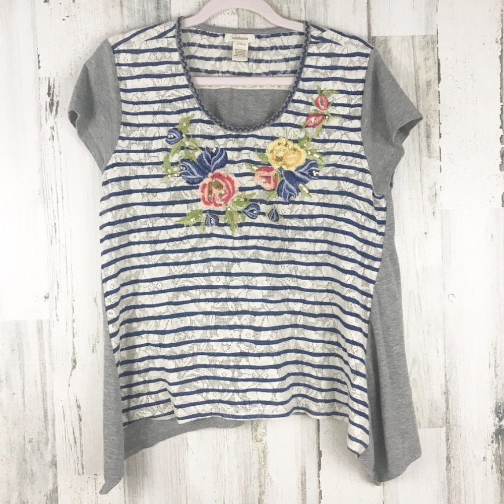 Sundance Short Sleeve Embroidered Sequin Top Lg